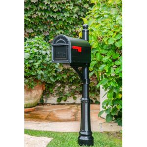 decorative black mailbox with red flag on lawn