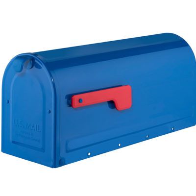 Blue mailbox with red flag