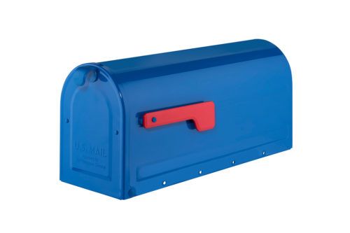 Blue mailbox with red flag