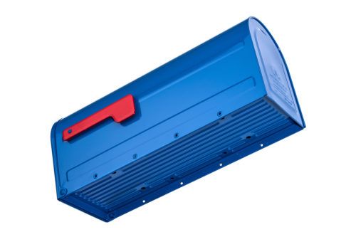 Bottom of blue mailbox with red flag