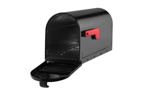 Open black mailbox with red flag