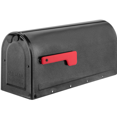 Black mailbox with red flag