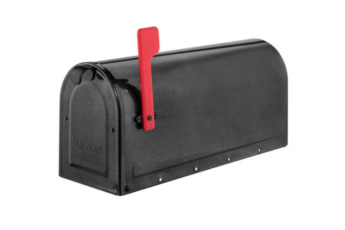 Black mailbox with red flag raised