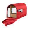 Open red mailbox with packages and mail inside