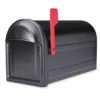 Black mailbox with red flag raised