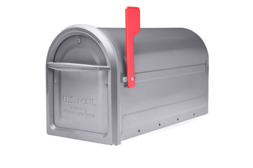 Gray mailbox with red flag raised