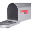 Open gray mailbox with red flag