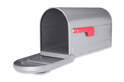 Open gray mailbox with red flag