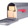 Open gray mailbox with packages inside