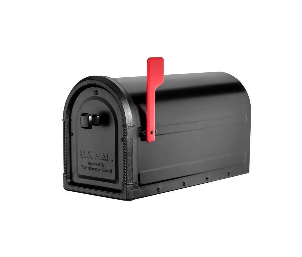 Black mailbox with red flag raised
