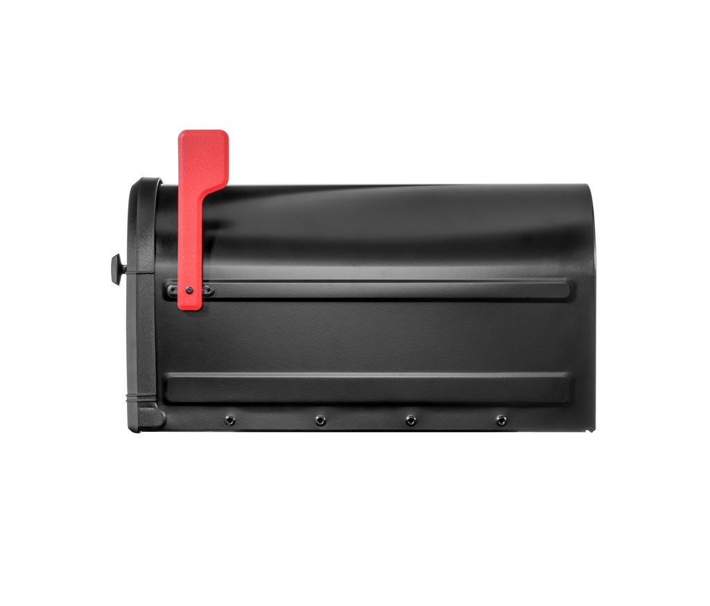 Black mailbox with red flag raised