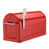 Red mailbox with silver handle and silver flag raised