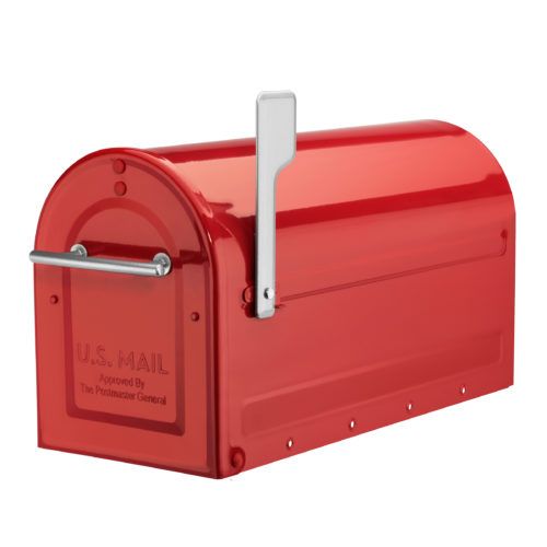 Red mailbox with silver handle and silver flag raised
