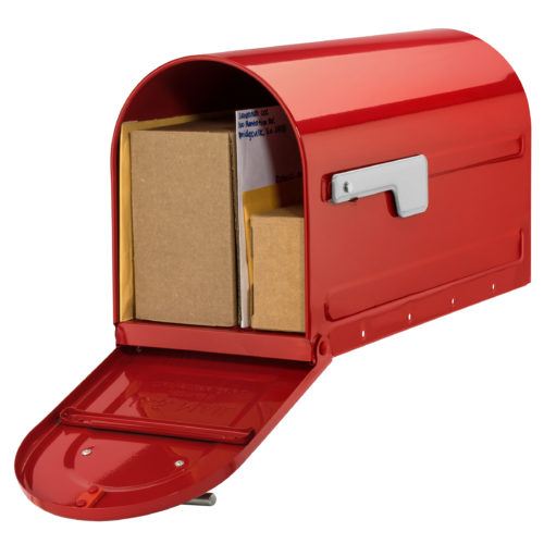 Open red mailbox with packages and mail inside