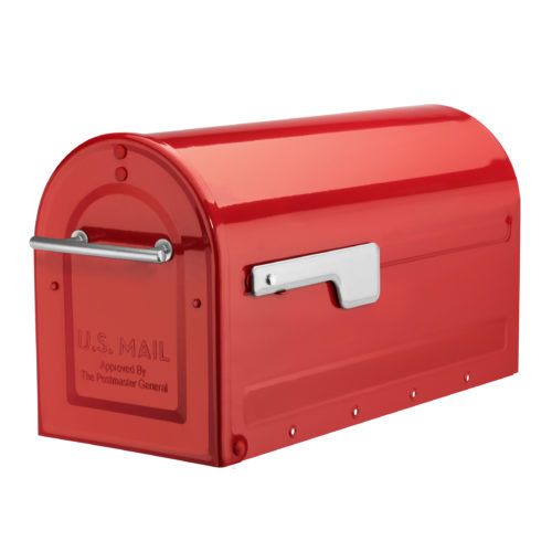 Red mailbox with silver handle and silver flag