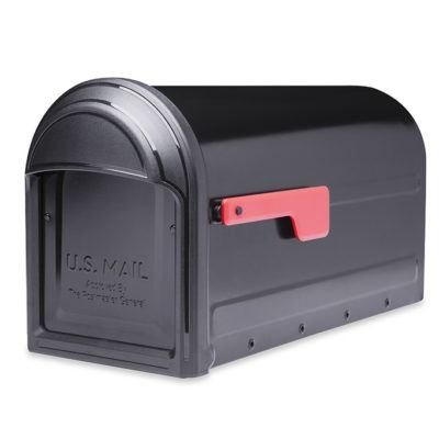 Black mailbox with red flag