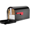 Open black mailbox with packages and mail inside
