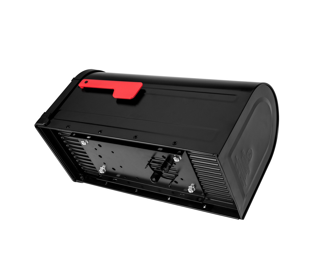 Bottom of black mailbox with red flag