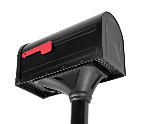 Bottom of black mailbox with red flag