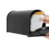 Open black mailbox with mail being delivered inside