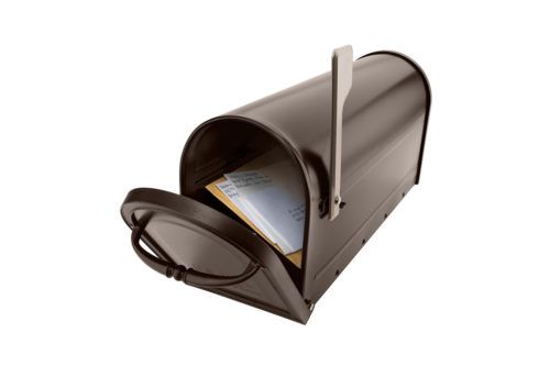 Open bronze mailbox with mail inside and silver flag raised