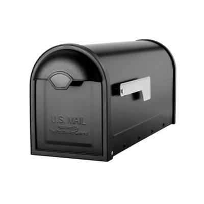 Black mailbox with silver flag