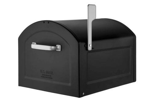 Black mailbox with gray flag raised