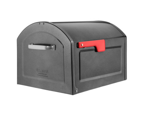 Black mailbox with red flag