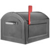 Black mailbox with red flag raised