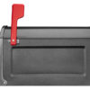 Black mailbox with red flag raised