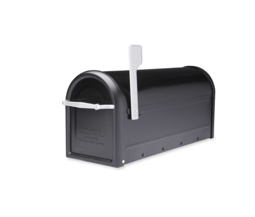 Black mailbox with silver flag raised