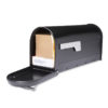 Open black mailbox with packages and mail inside