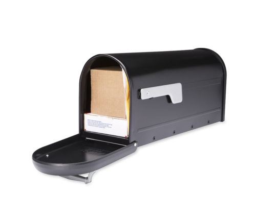 Open black mailbox with packages and mail inside