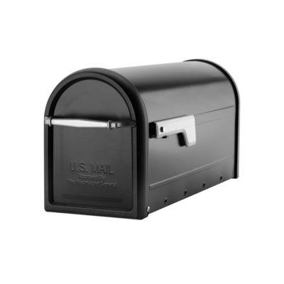 Black mailbox with silver handle and silver flag