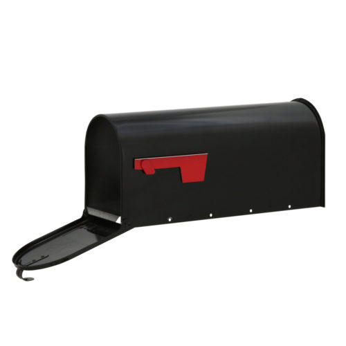 Open black mailbox with red flag