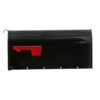 Side of black mailbox with red flag