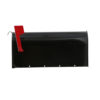 Side of black mailbox with red flag