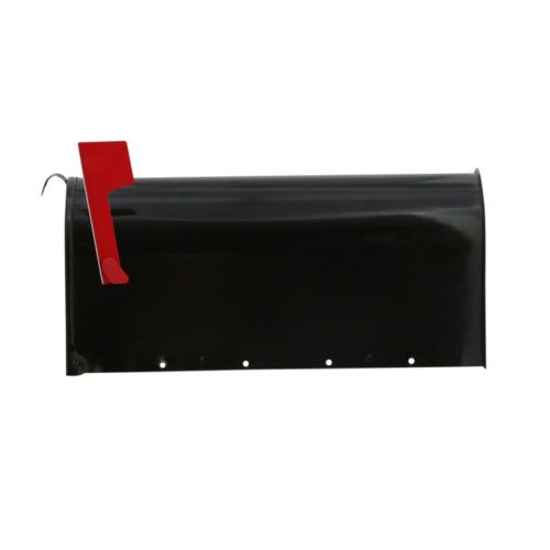 Side of black mailbox with red flag