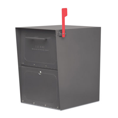 Black mailbox with red flag raised