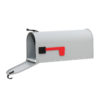 Open gray mailbox with red flag