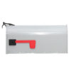 Side of gray mailbox with red flag