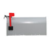 Side of gray mailbox with red flag