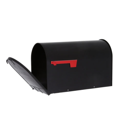 Open black mailbox with red flag