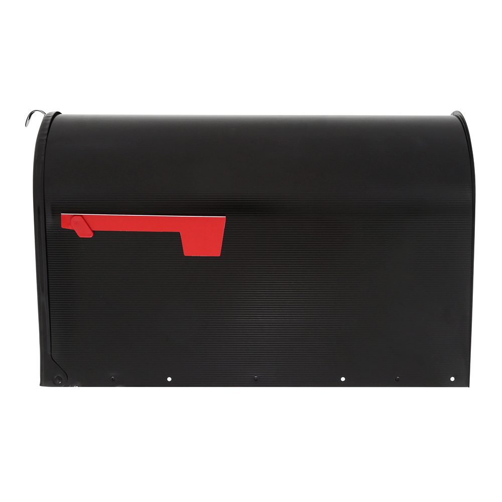 Side of black mailbox with red flag