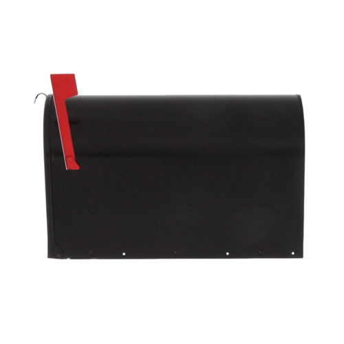Side of black mailbox with red flag