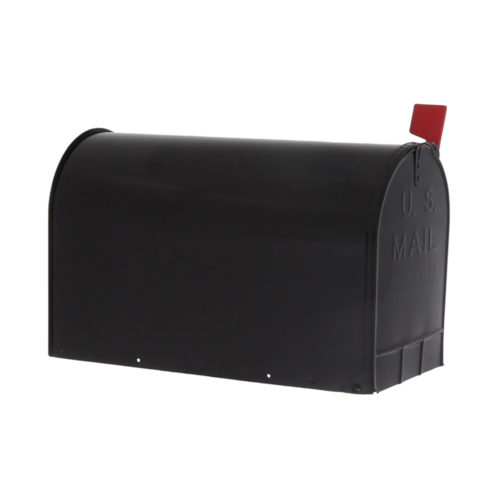 Side of black mailbox with red flag