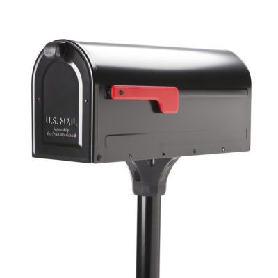 Black mailbox with red flag