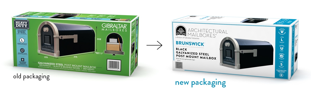 Rebrand-Packaging-Before-After | Architectural Mailboxes green packaging next to new white and blue packaging