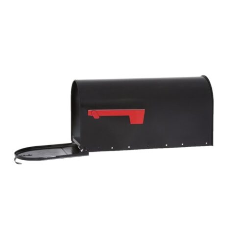 Side of Black Mailbox with Opened Door and Red Flag