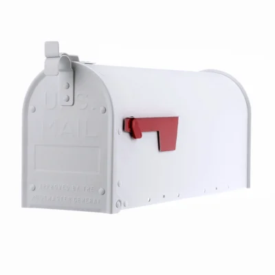 Side View of White Post Mount Mailbox with Red Flag